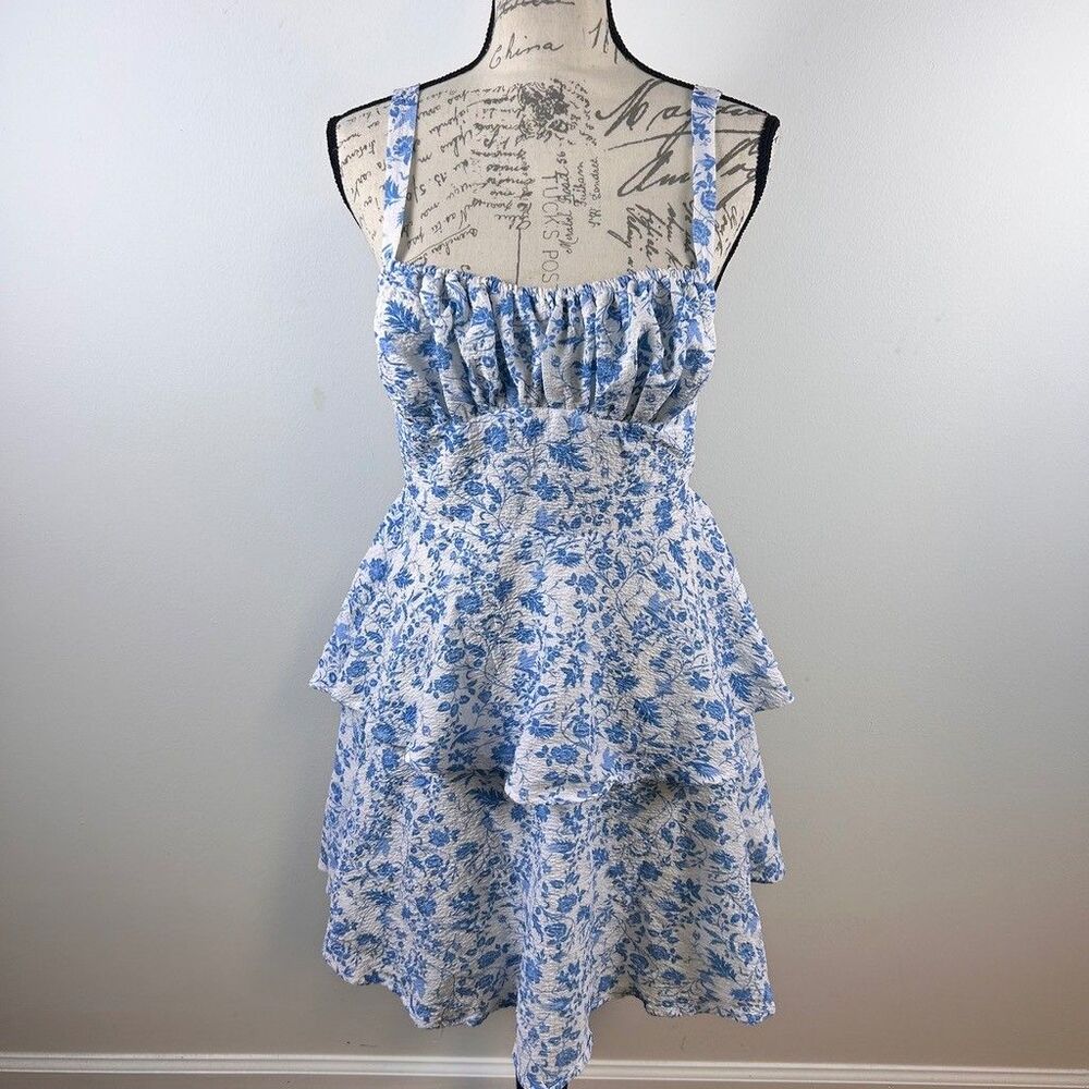 Selfie Leslie Dress Womens XXL Blue White Floral Tiered Ruched Tie Back Mini New